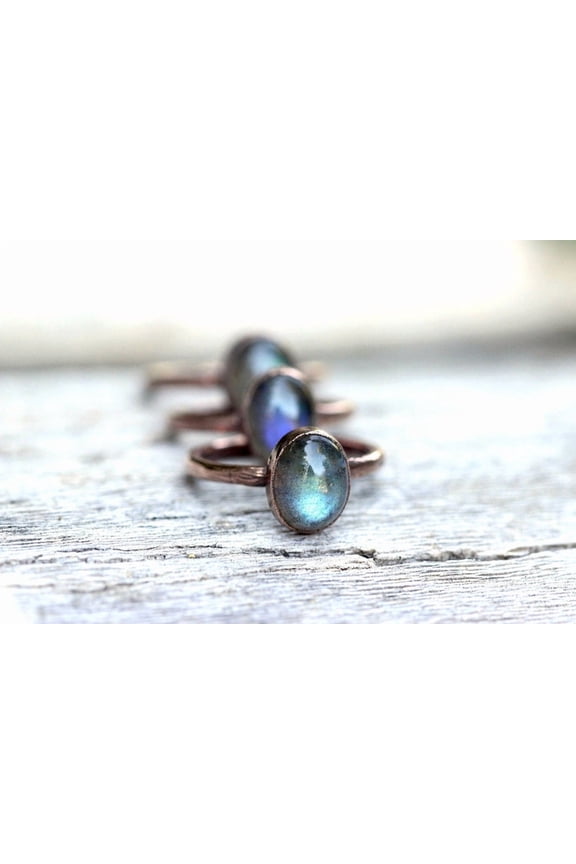 Labradorite Stacking Ring - Handmade Copper Electroformed Ring with Blue Fire Crystal Cabochon 8x10mm Organic Texture