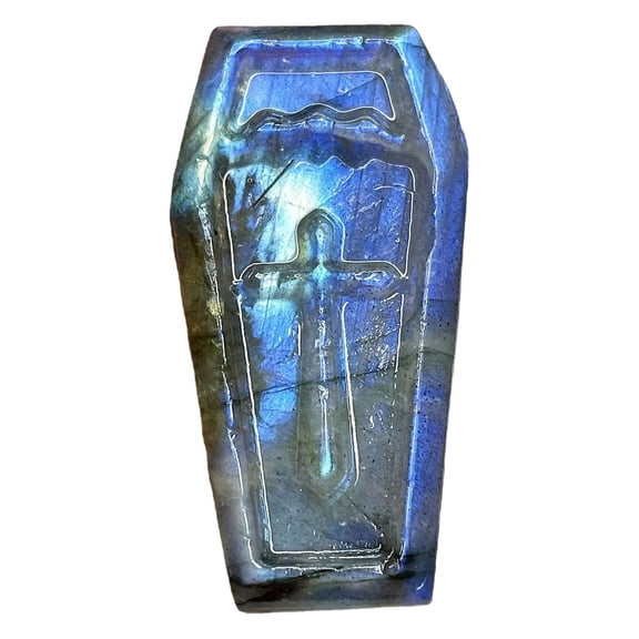 Labradorite Tombstone Carving Unique Crystal Carving with Sword and Cross Design for Spiritual Energy & Protection