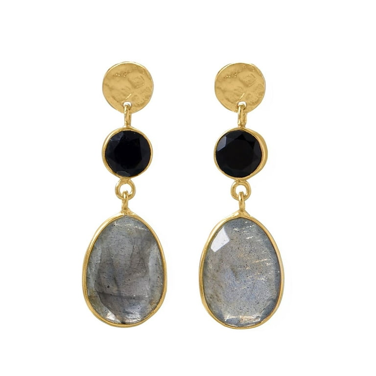 Labradorite and Black Onyx Earrings 14k Gold-plated Silver Disk Post Dangle Labradorite and Black Onyx Earrings 14k Gold-plated Silver Disk Post Dangle