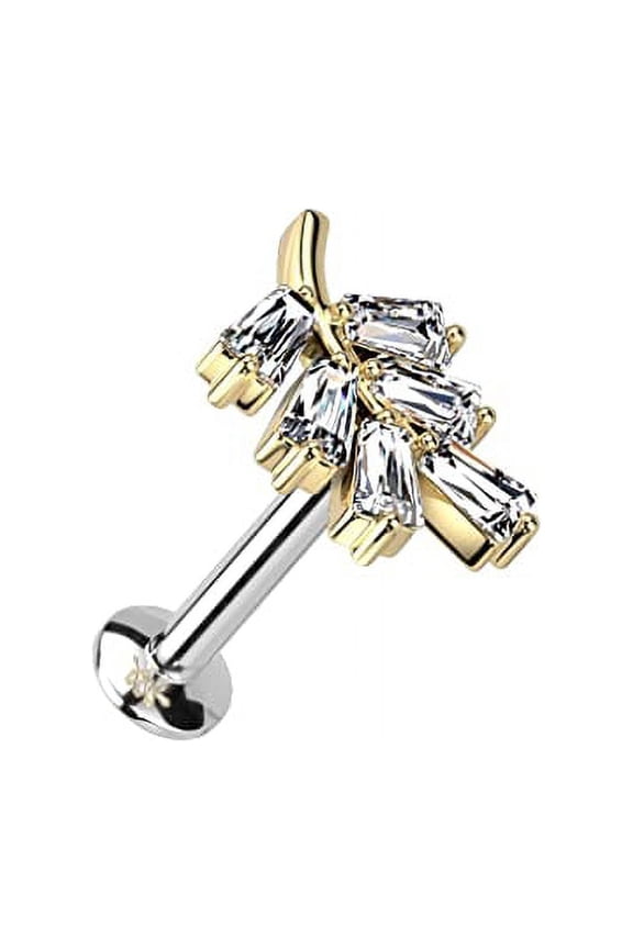 Labret CZ Leaf Threadless Push In Top 316L Surgical Steel, Convex Back Stud (Gold)