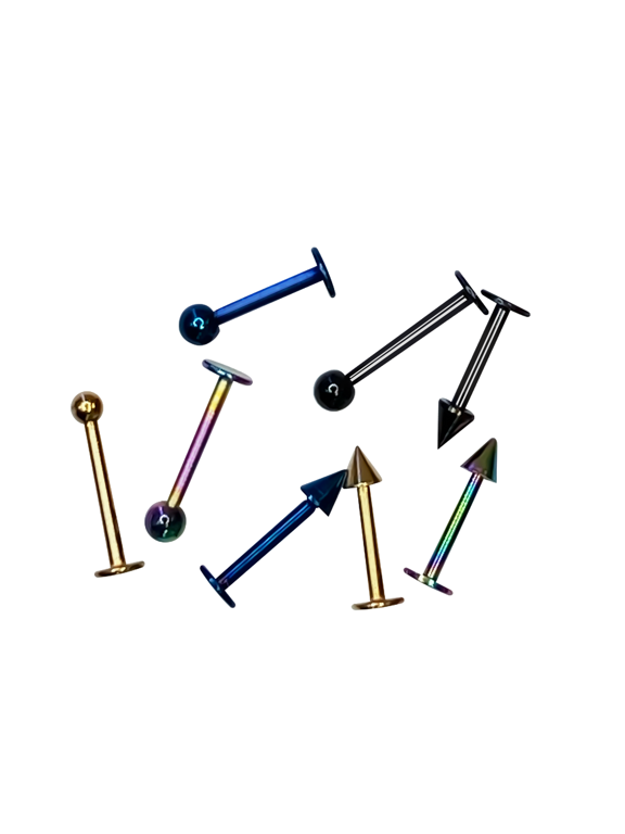 Labret Flat end balls and spikes Anodized Titanium over surgical steel