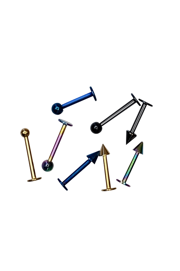Labret Flat end balls and spikes Anodized Titanium over surgical steel