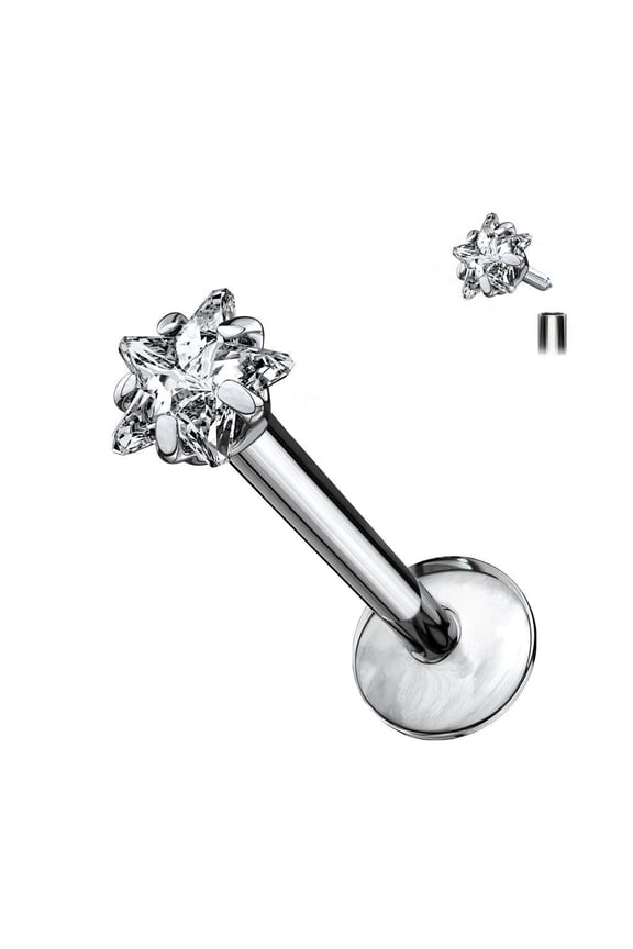 Labret Jewelry with Prong Set Star CZ Internally Threaded Solid Titanium