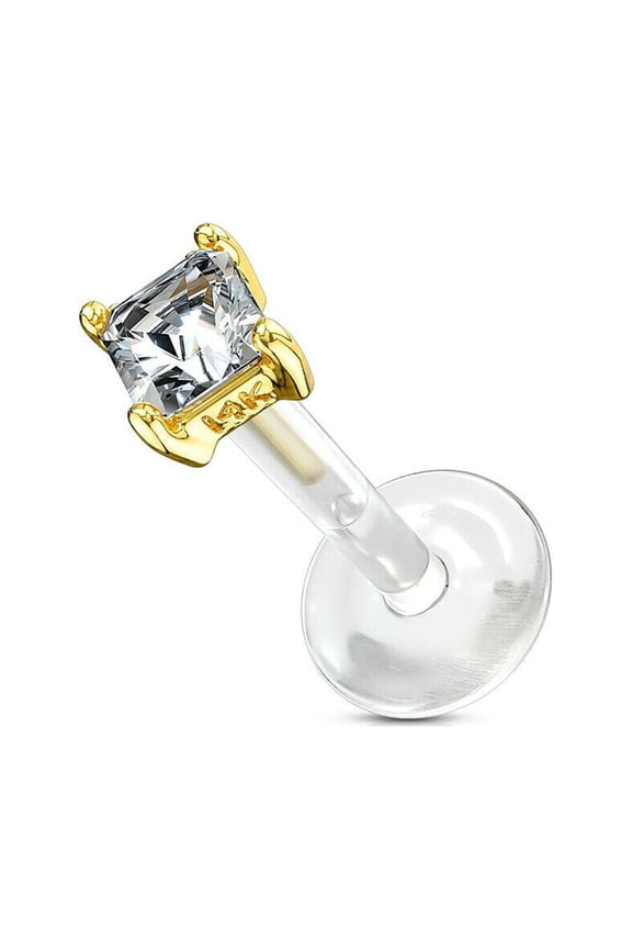 Labret Monroe with Square Princess Cut CZ Prong Set Design on Flex Shaft 14 Kt