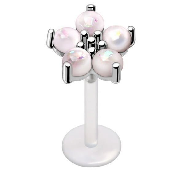 Labret PTFE Push In White Synthetic Opal Flower Cartilage, Barbell Studs