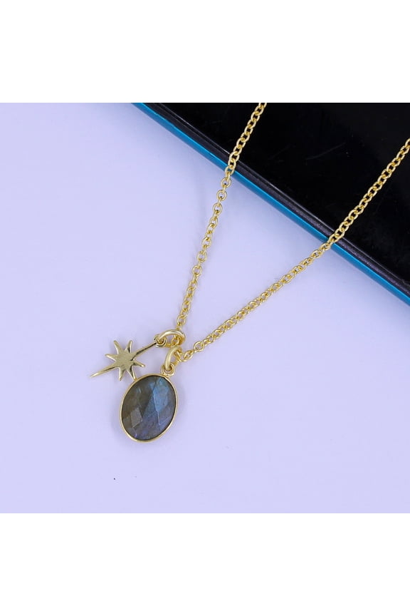 Necklace, Grey Labrodorite, 18k Gold Plated, pendant Chain jewelry