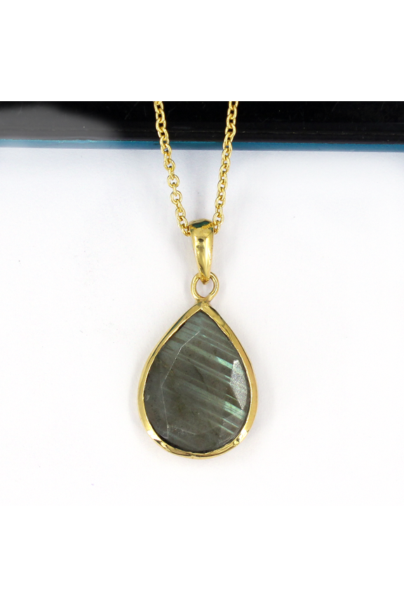 18k Gold Plated Pear Cut Grey Labrodorite Necklace 16 in Curb Chain