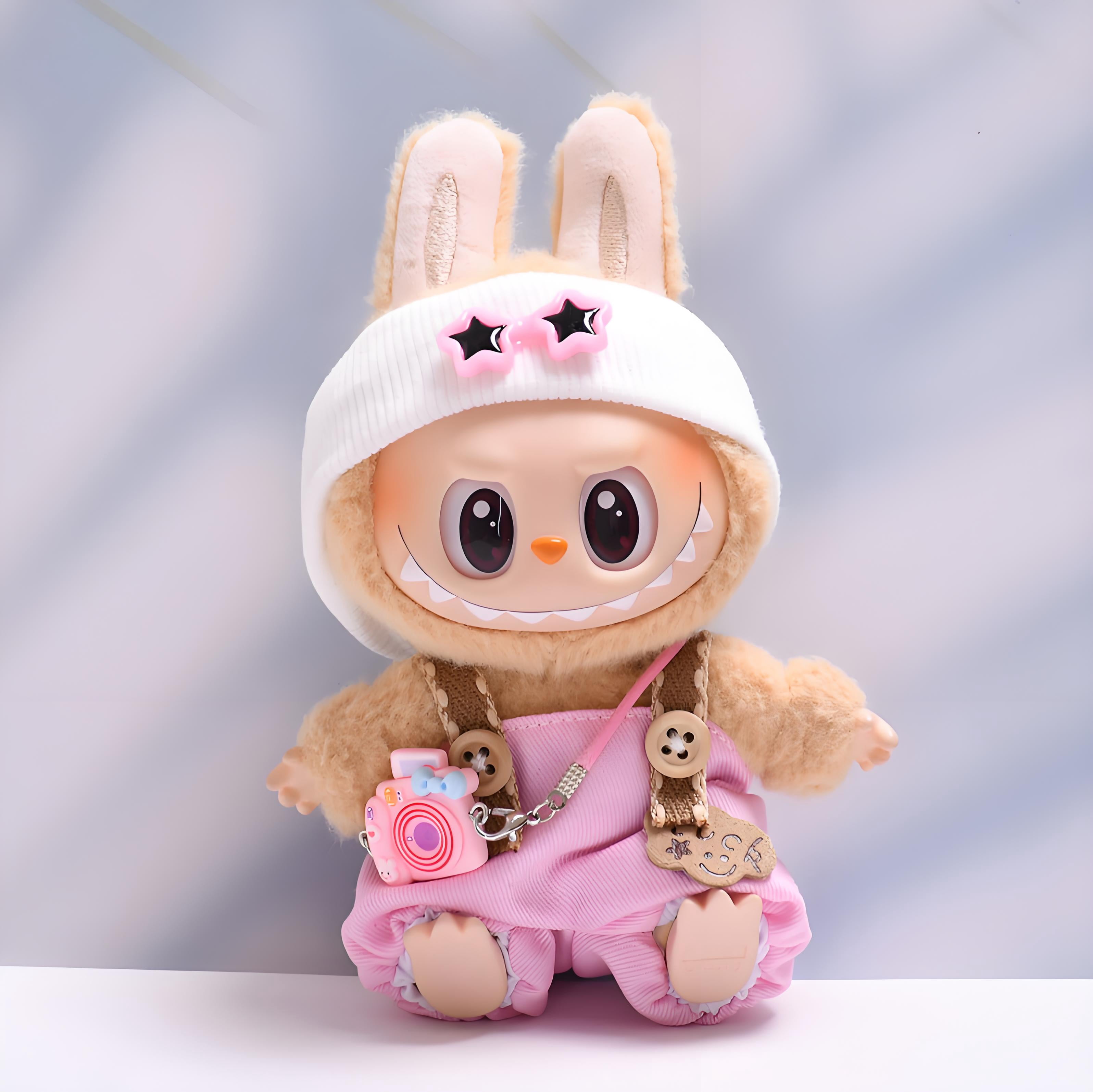 Plush Doll Clothes Set – Hat, Robe & Accessories For 10cm-17cm Dolls (Pink, 3-Piece)