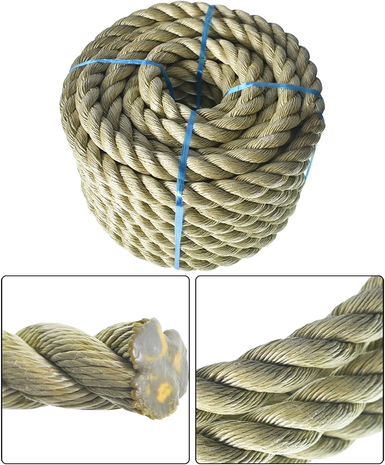 Three Ropes Labwork 1'×50ft Artificial Manila Rope PP Three Strand Twisted Rope ...
