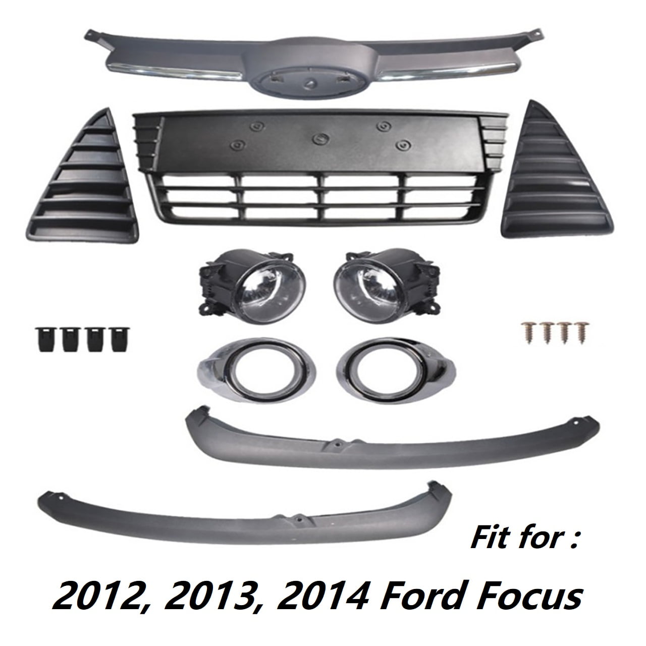 Complete Front Bumper Cover, Grille & Fog Light Assembly For 2012-2014 Ford Focus - Black Primed ABS