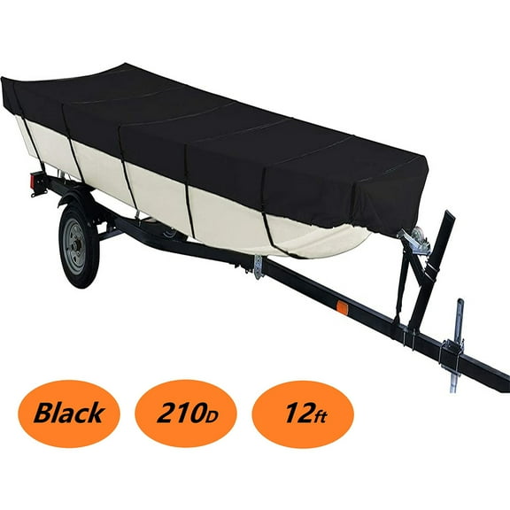 Labwork Jon Boat Cover 12ft x 56in, 210 Denier Polyester Waterproof Heavy Duty Black Boat Cover with Adjustable Straps