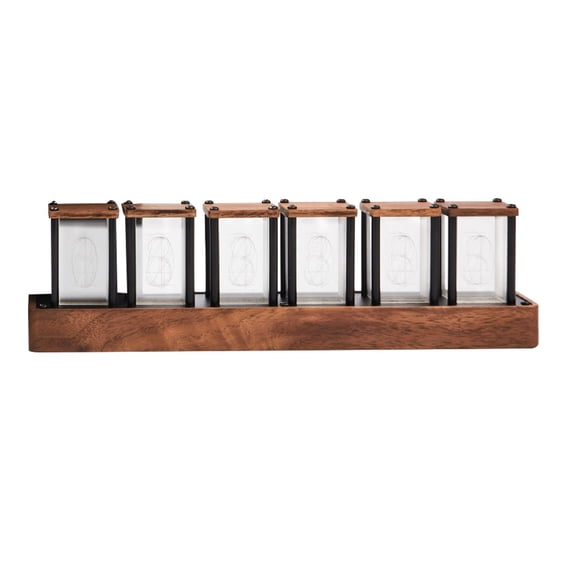 Labymos Table RGB Glow 6-Tube Clock Walnut Wood Base Highlight LED Electronic Digital Alarm Clocks Timer 12 24 Hours Time System Adjustable 7 Display Modes Christmas Gift Home Decoration