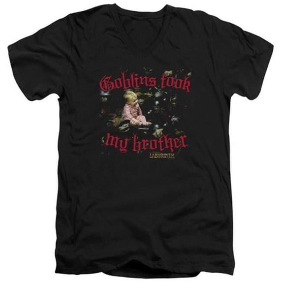 Labyrinth-Goblins Took My Brother Short Sleeve Adult V-Neck 30-1 Tee- Black - Medium