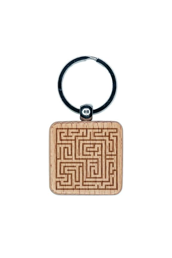 Labyrinth Maze Puzzle Game Square Keychain Charm Tag - Engraved Wood