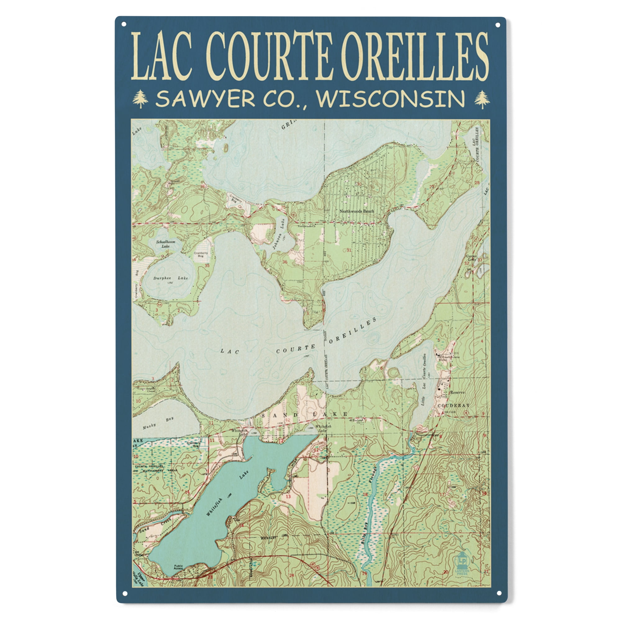 Lac Courte Oreilles Chart, Sawyer County, Wisconsin Birch Wood Wall