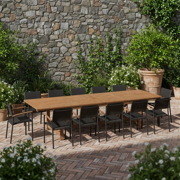 Laca 13-Piece Outdoor Rectangular Extendable Dining Table and Chairs Set | Teak Finish | Ideal for Patio, Light Brown Table & Black Chairs