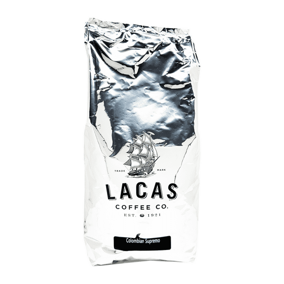 Lacas Coffee Colombian Supremo, Whole Bean, Medium Roast, 5lb Bag Single Origin from Huila Region, Smooth with Hints of Almond and Red Fruit