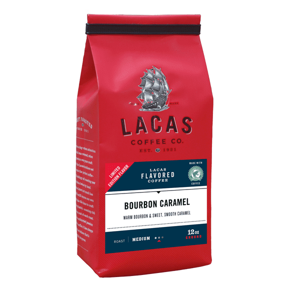 Lacas Coffee Company, Bourbon Caramel, Medium Fine Ground Coffee, 12oz bag