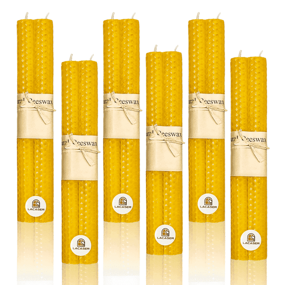 Beeswax Taper Candles 12 Pack, 9" Long Candle for candle sticks in Bulk, Dripless & Unscented, 4 Hour Burn Time, Yellow Candles
