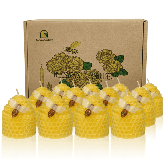 Lacaser Natural Beeswax Votive Candles Set of 12, Bee Themed Candle Gifts with Little Bee Ornament Attached, Unscented Candle, 2 Hour burn Time, Yellow (Raw)