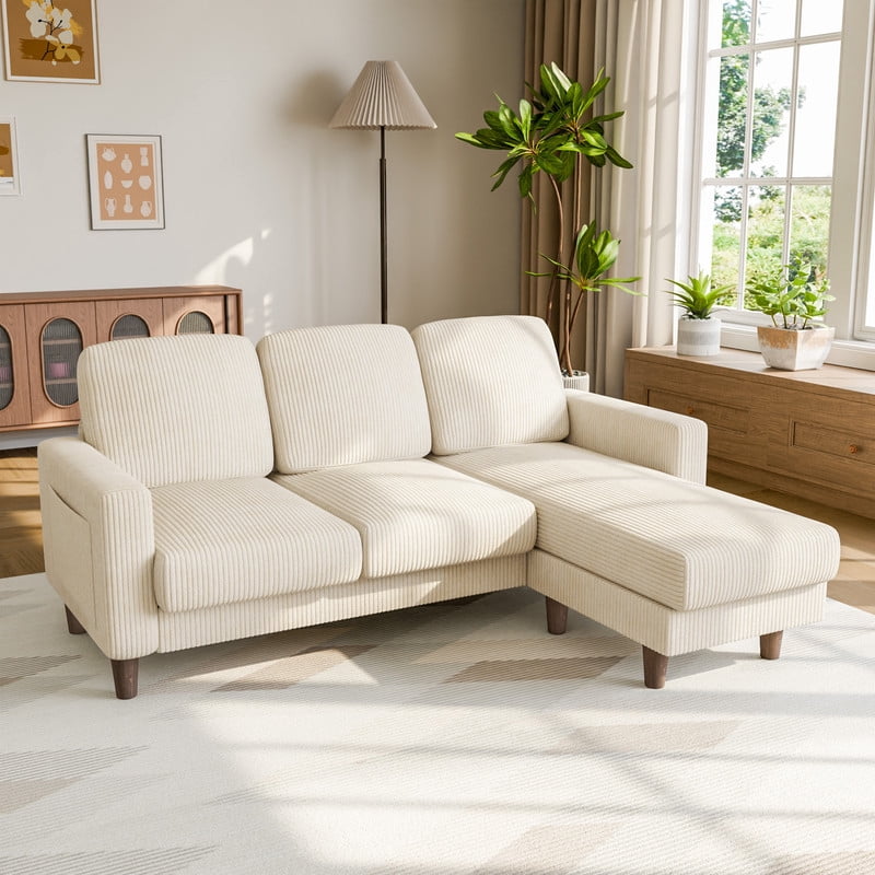 Lacoo 3 Seat Sectional Sofa L-Shaped Couch with Reversible Ottoman Convertible Cloud Couch for Living Room,Corduroy Beige