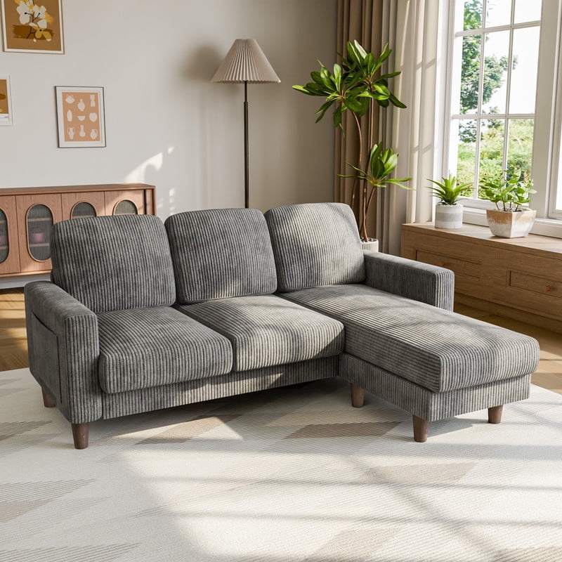 Lacoo 3 Seat Sectional Sofa L-Shaped Couch with Reversible Ottoman Convertible Cloud Couch for Living Room,Corduroy Gray