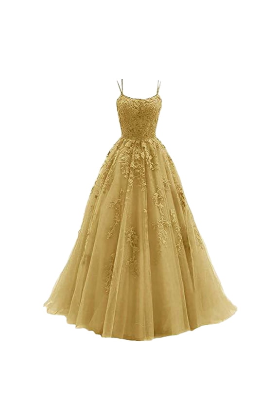 Lace Applique Tulle Prom Dresses Spaghetti Straps Ball Gown Evening Gown (Gold XXL)