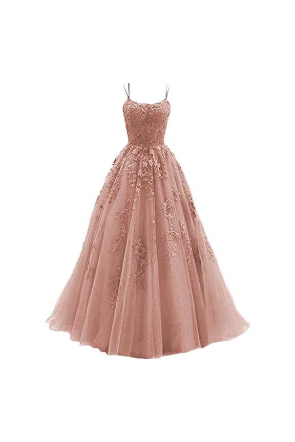 Lace Applique Tulle Prom Dresses Spaghetti Straps Ball Gown Evening Gown (PK2 XL)