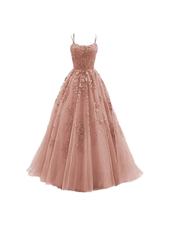 Lace Applique Tulle Prom Dresses Spaghetti Straps Ball Gown Evening Gown (PK2 XL)