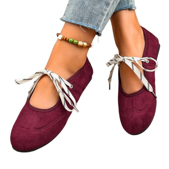 Lace Up Ballet Flats for Women Mary Jane Shoes | Round Toe, Faux Suede, Slip On, Low Heel, Soft Insole, Arch Support, All Day Comfort, Daily Walking, Casual Ballerina Shoes