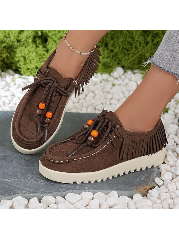Lace Up Beaded Shoes, Platform Suede Moccasins, Boho Casual Footwear, Tassel Driving Flats, Women Suede Fringe Loafers Platform Moccasins Lace Up Beaded Tassel Driving Flat Shoes, Khaki 8.5