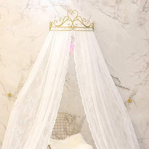 Lace Bed Canopy,Crown Princess Bed Curtain Court Mosquito Net with Decorative Drapery Metal Crown for Bedroom-White$$Bedding