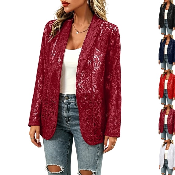 Lace Blazers for Women Business Casual Open Front Long Sleeve Sheer Cardigan Lightweight Summer Jackets Lace Cardigan,Wine XL