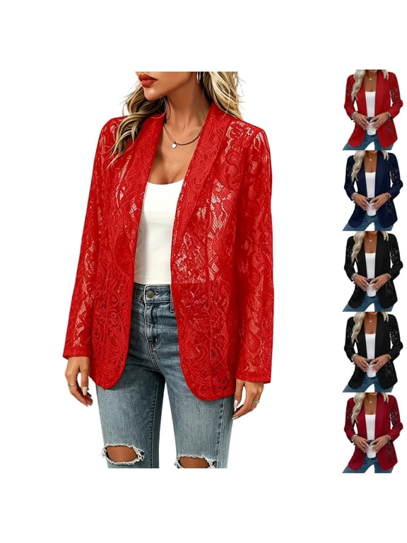 Lace Blazers for Women Business Casual Open Front Long Sleeve Sheer Cardigan Lightweight Summer Jackets Lace Cardigan