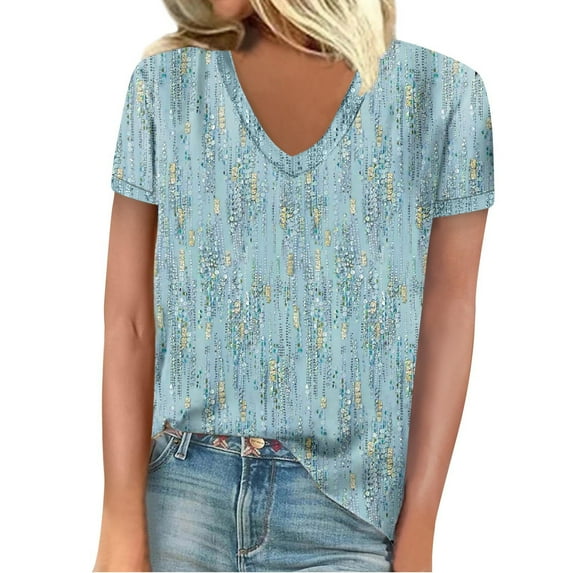 Lace Blouse V Neck 3/4 Sleeve Shirts for Women Summer 2025 Tops Solid Color Mesh Hole Loose Fit T-Shirts Light Blue,XXL