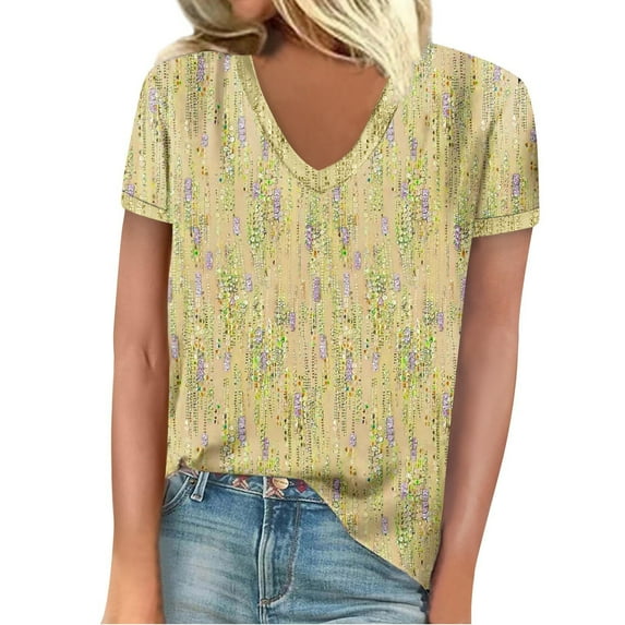 Lace Blouse V Neck 3/4 Sleeve Shirts for Women Summer 2025 Tops Solid Color Mesh Hole Loose Fit T-Shirts Yellow,XL