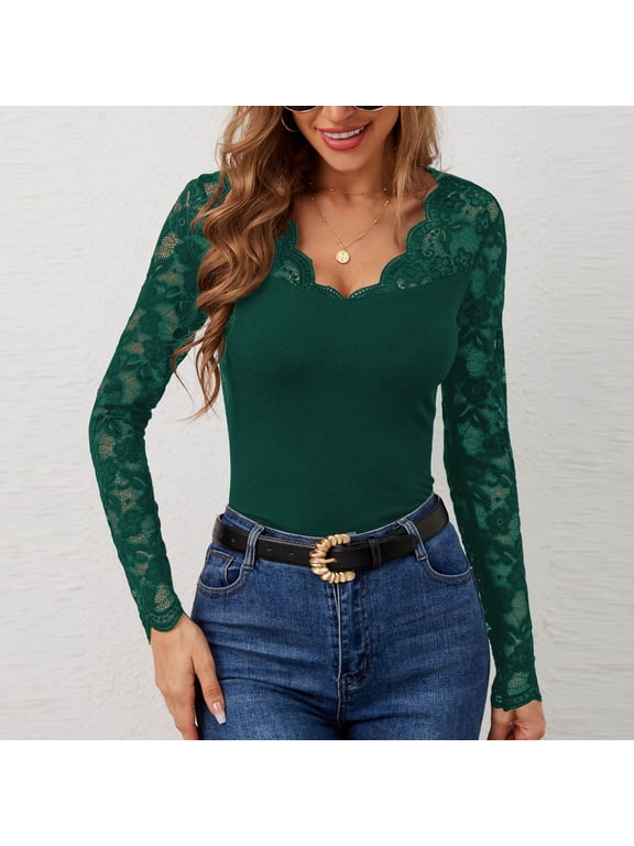 Lace Blouse for Women Basics Y2k V Neck Long Sleeve Tight Tops Flowy Solid Color Lace Corset Shirt Green S