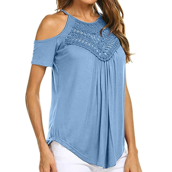 Lace Blouse for Women Cold Shoulder T-Shirt Cut out Pleated Front Summer Short Sleeve Top