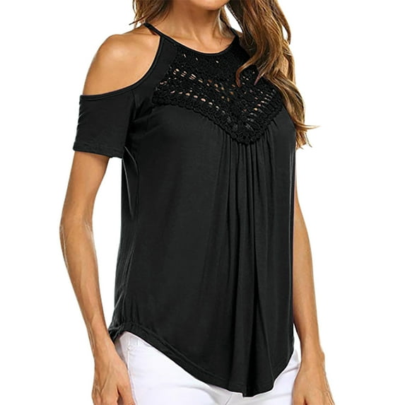 Lace Blouse for Women Cold Shoulder T-Shirt Cut out Pleated Front Summer Short Sleeve Top