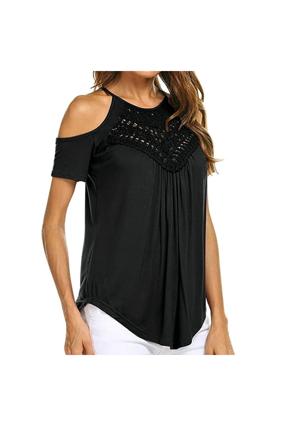 Lace Blouse for Women Cold Shoulder T-Shirt Cut out Pleated Front Summer Short Sleeve Top