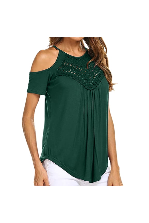 Lace Blouse for Women Cold Shoulder T-Shirt Cut out Pleated Front Summer Short Sleeve Top