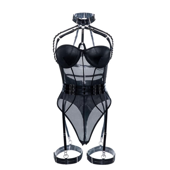 Lace Bodysuit Bustier Garter Belt Adjustable Strappy Lingerie Set Lingerie for Women Black M