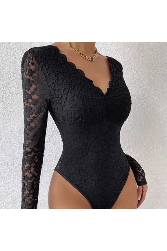 Lace Bodysuit for Women Long Sleeve V Neck Going Out Tops Snap Crotch One Piece,Black,L