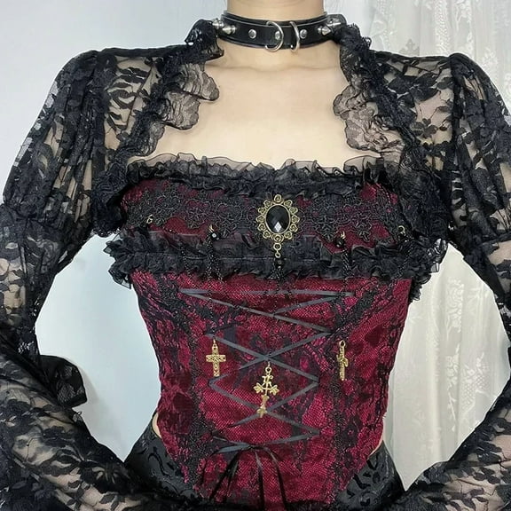 Lace Bolero Shrug Top Women Sheer Bell Sleeve Grunge Punk Lolita Fairy Core Party Crop Tops