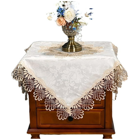 Lace Border Bedside Table Cover Square Table Cloth, End Table Coffee Tablecloth Cover for Kitchen Home Dining Holiday Decor
