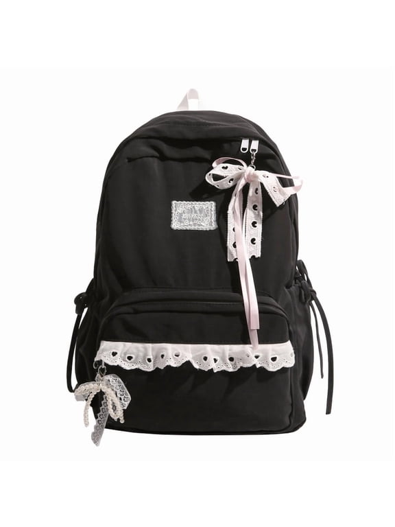 Lace Bow Backpack 16.93" Nylon Multi-pocket Large Capacity Preppy Style for Travel Commute (Black)