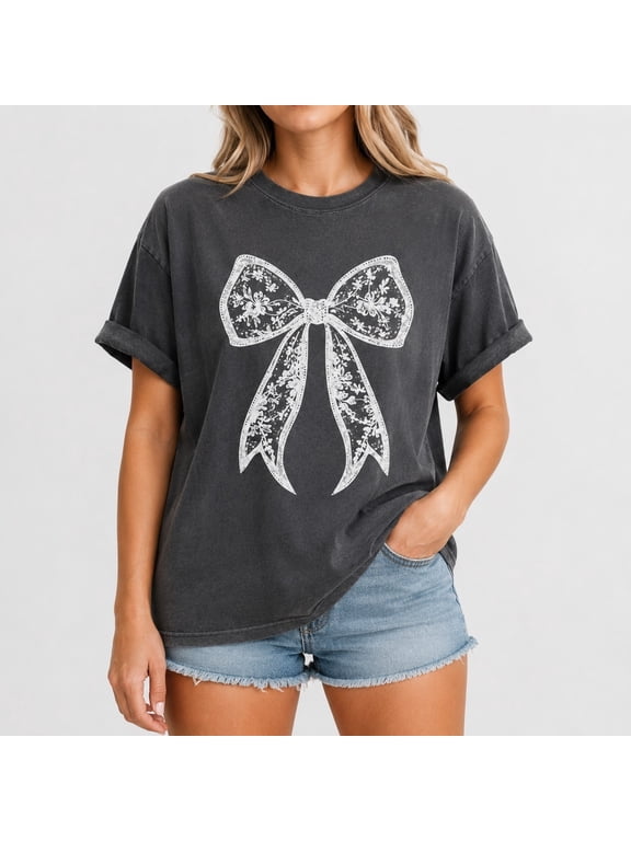 Lace Bow Coquette T-Shirt for Women, Soft Cotton Comfort Colors Graphic Tee, Cute Bow Print Short Sleeve Top