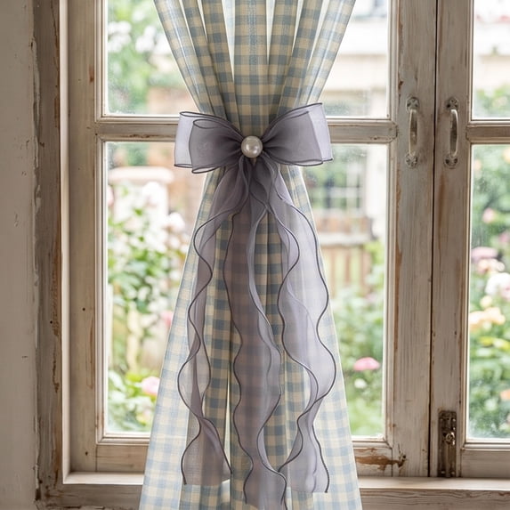 Lace Bow Curtain Tiebacks, Silky Ribbon Bowknot Curtain Holdbacks for Sheer Curtains, Decorative Curtain Accessories for Bedroom Living Room Wedding Decor (1 Pack, Gray)