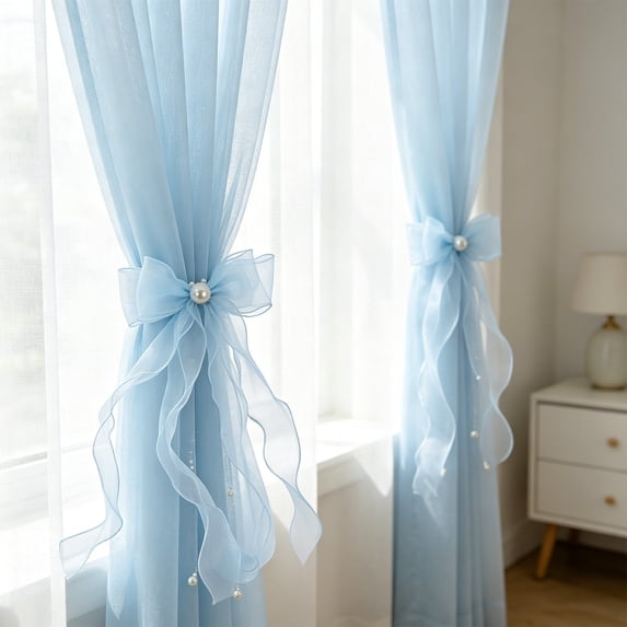 Lace Bow Curtain Tiebacks, Silky Ribbon Bowknot Curtain Holdbacks for Sheer Curtains, Decorative Curtain Accessories for Bedroom Living Room Wedding Decor (2 Pack, Blue)