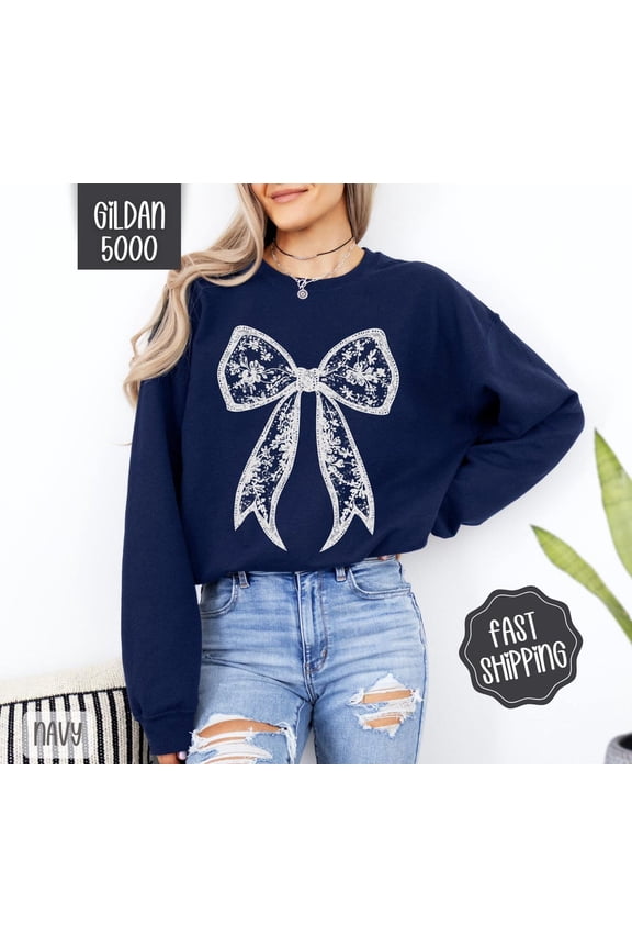 Lace Bow Sweatshirt, Coquette Lace Bow Crewneck, Cute Women's Sweater, Faux Lace Bow Sweatshirt, Bridal Bow Sweater, for Her All Size S-5Xl